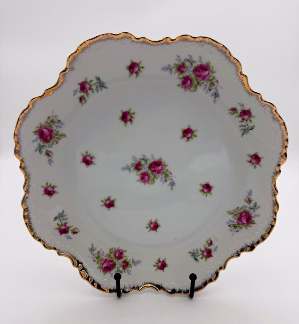 Vintage Lefton China Hand Painted Rose Plate, Gold Trim Scalloped Edge, 9.5"